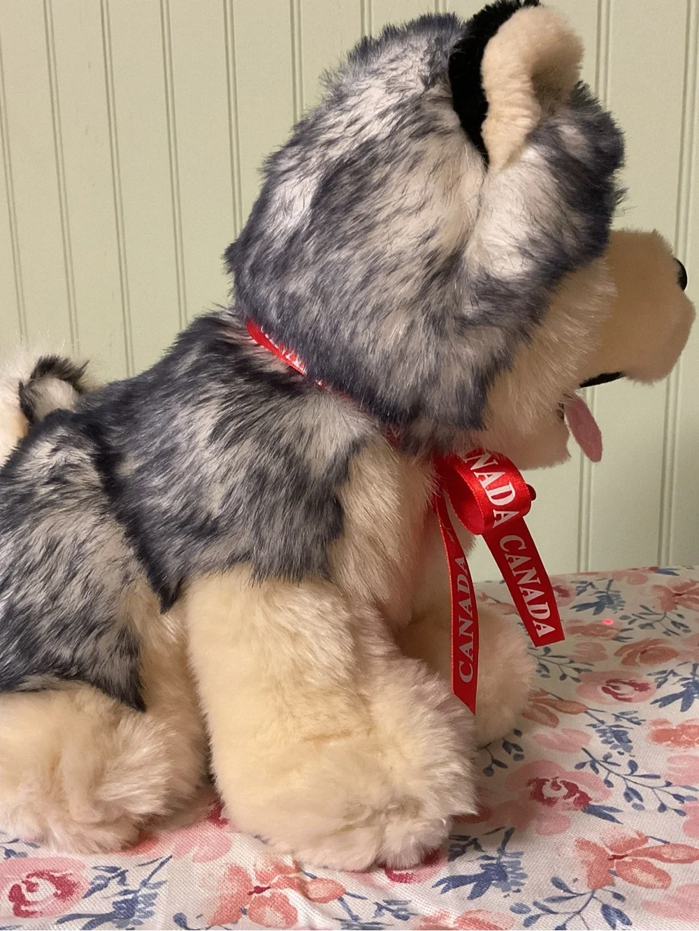 Plush Husky Dog Toy — Gray & Cream with Pink Tongue